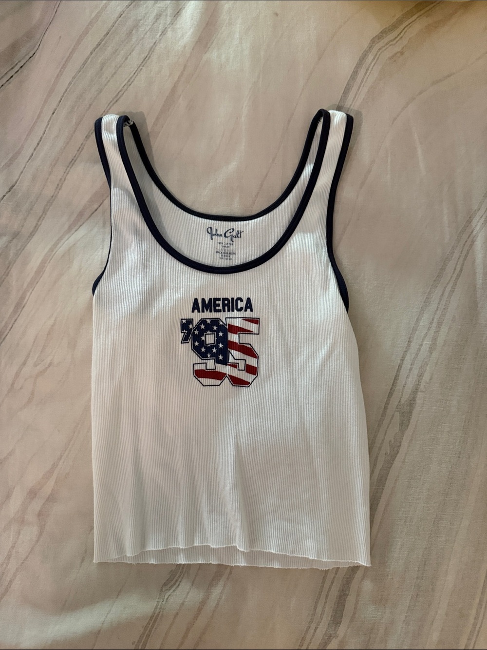 Brandy Melville White 'America 95' Ribbed Tank with Navy Trim